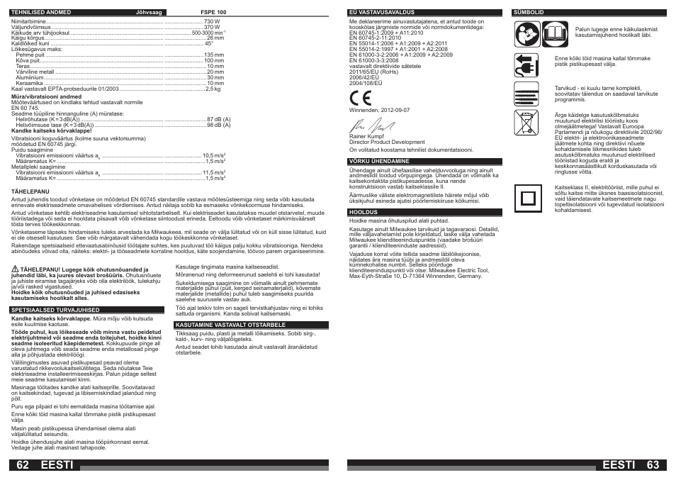 Eesti | Milwaukee FSPE 110X User Manual | Page 32 / 39