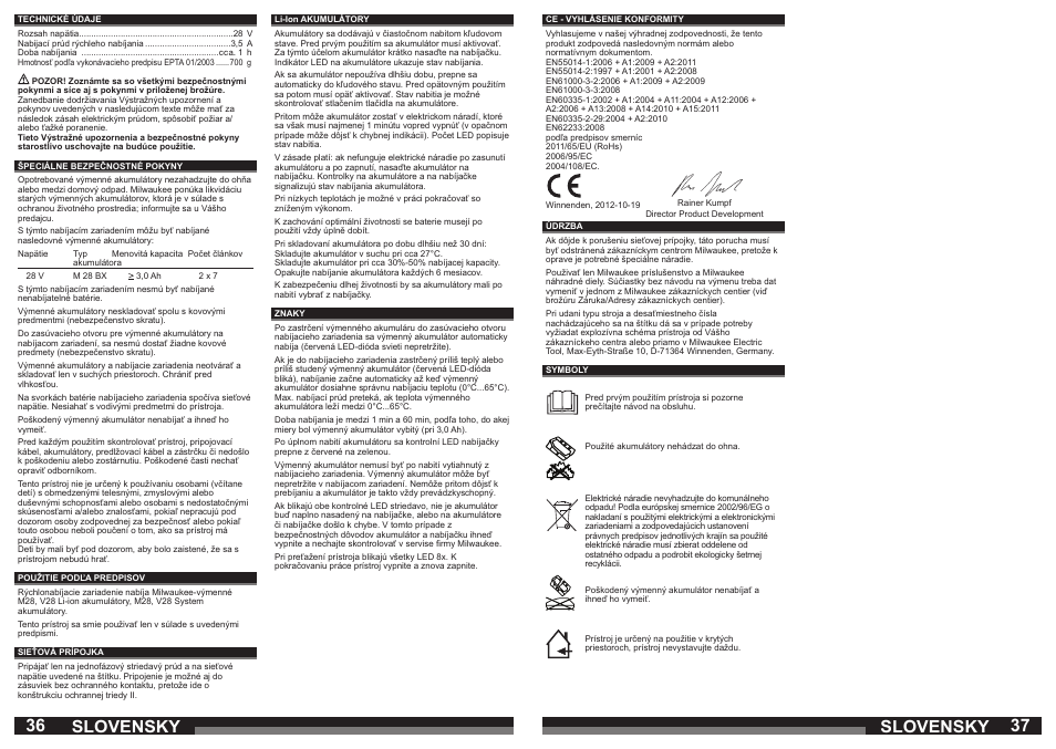 36 37 slovensky slovensky | Milwaukee M28 C User Manual | Page 19 / 33