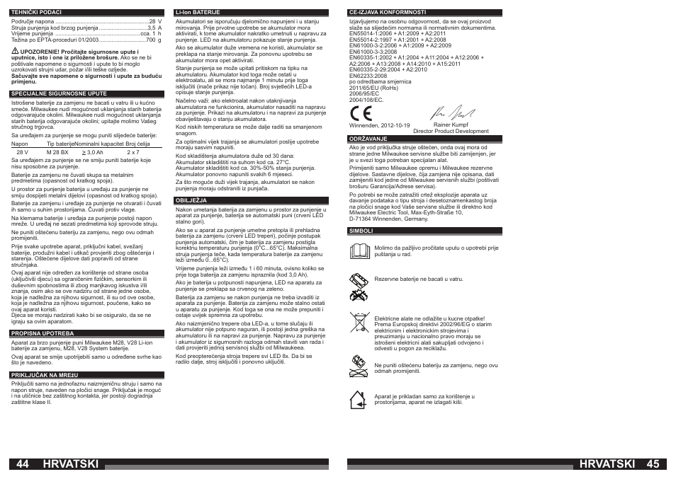 44 45 hrvatski hrvatski | Milwaukee M28 C User Manual | Page 23 / 33