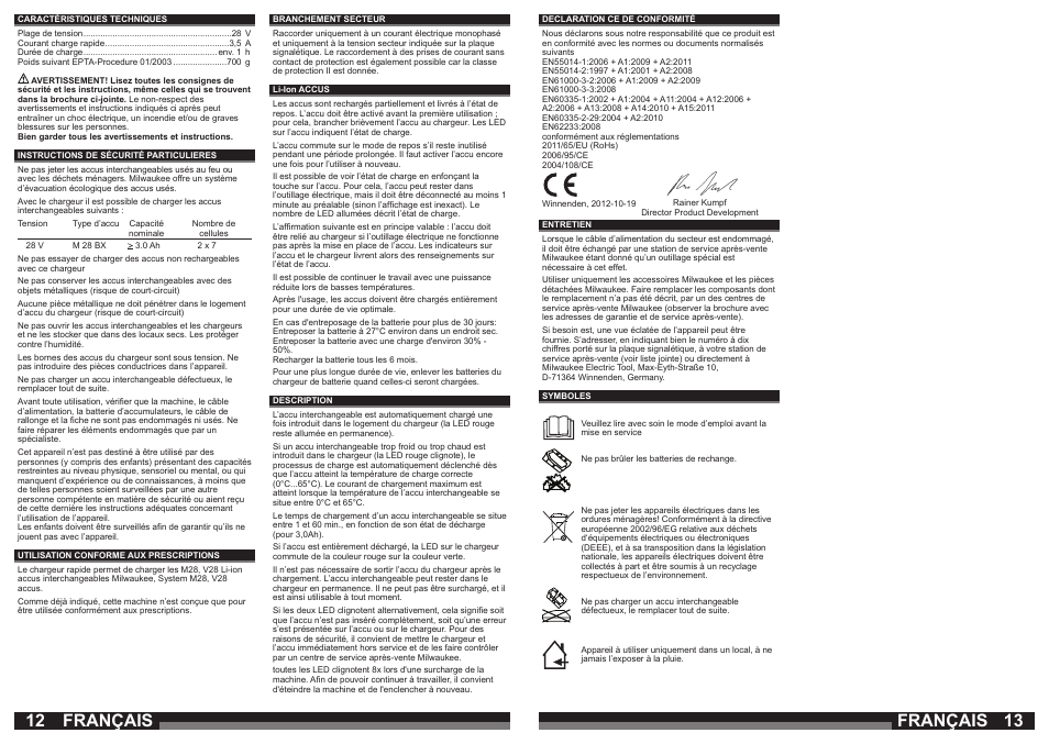 12 13 français français | Milwaukee M28 C User Manual | Page 7 / 33