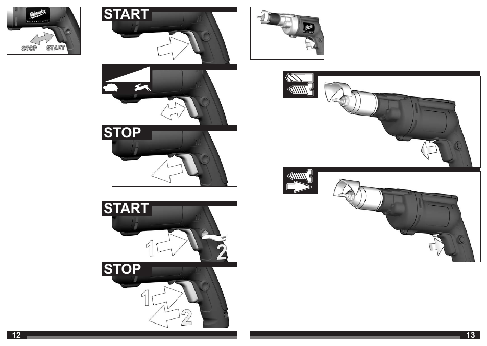Start, Start stop stop | Milwaukee HDE 10 RQX User Manual | Page 7 / 37