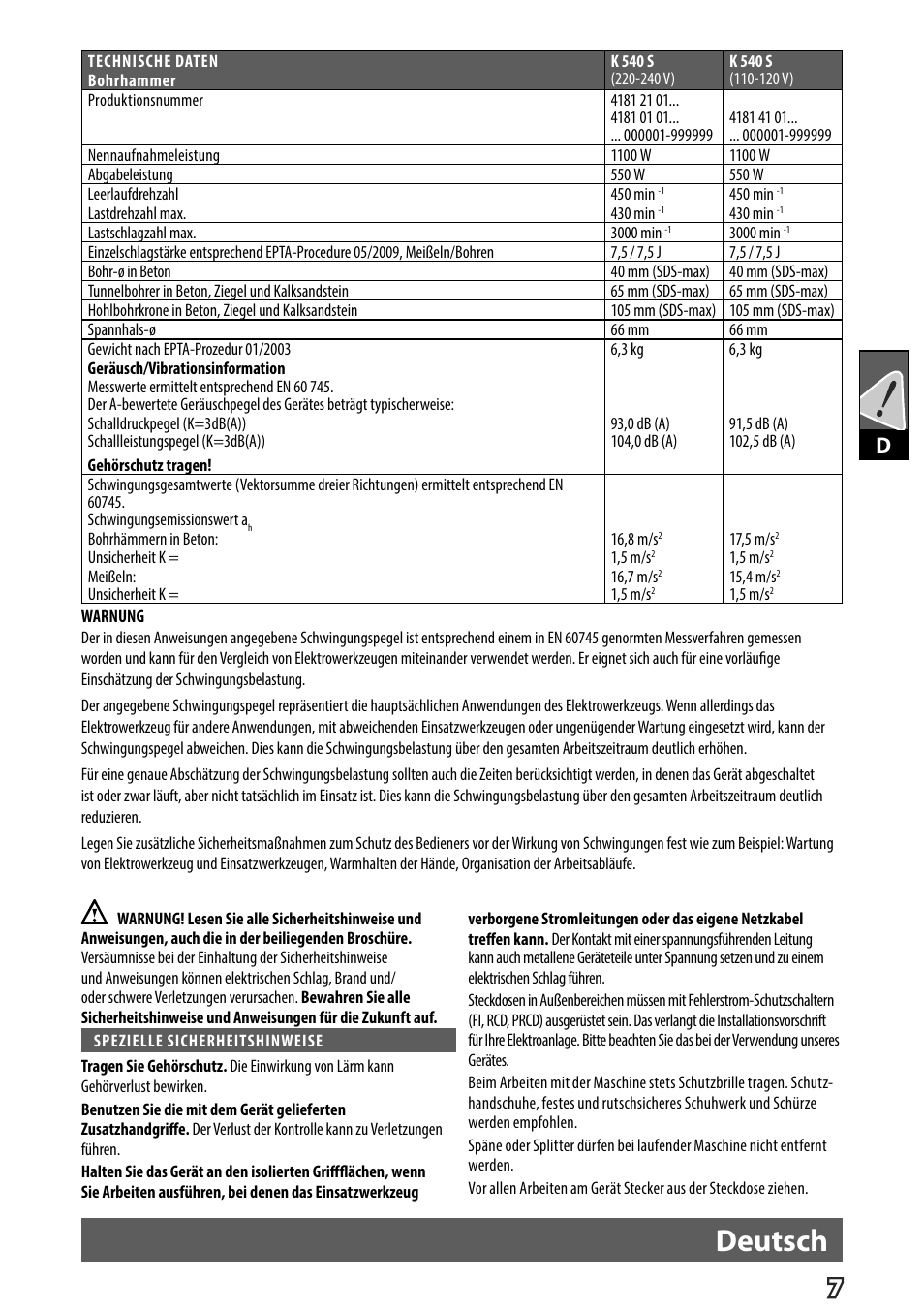 Deutsch | Milwaukee K 540 S User Manual | Page 10 / 62