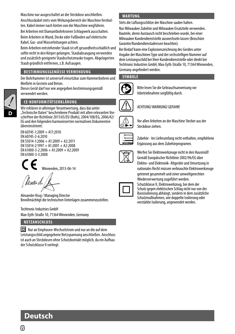 Deutsch | Milwaukee K 540 S User Manual | Page 11 / 62