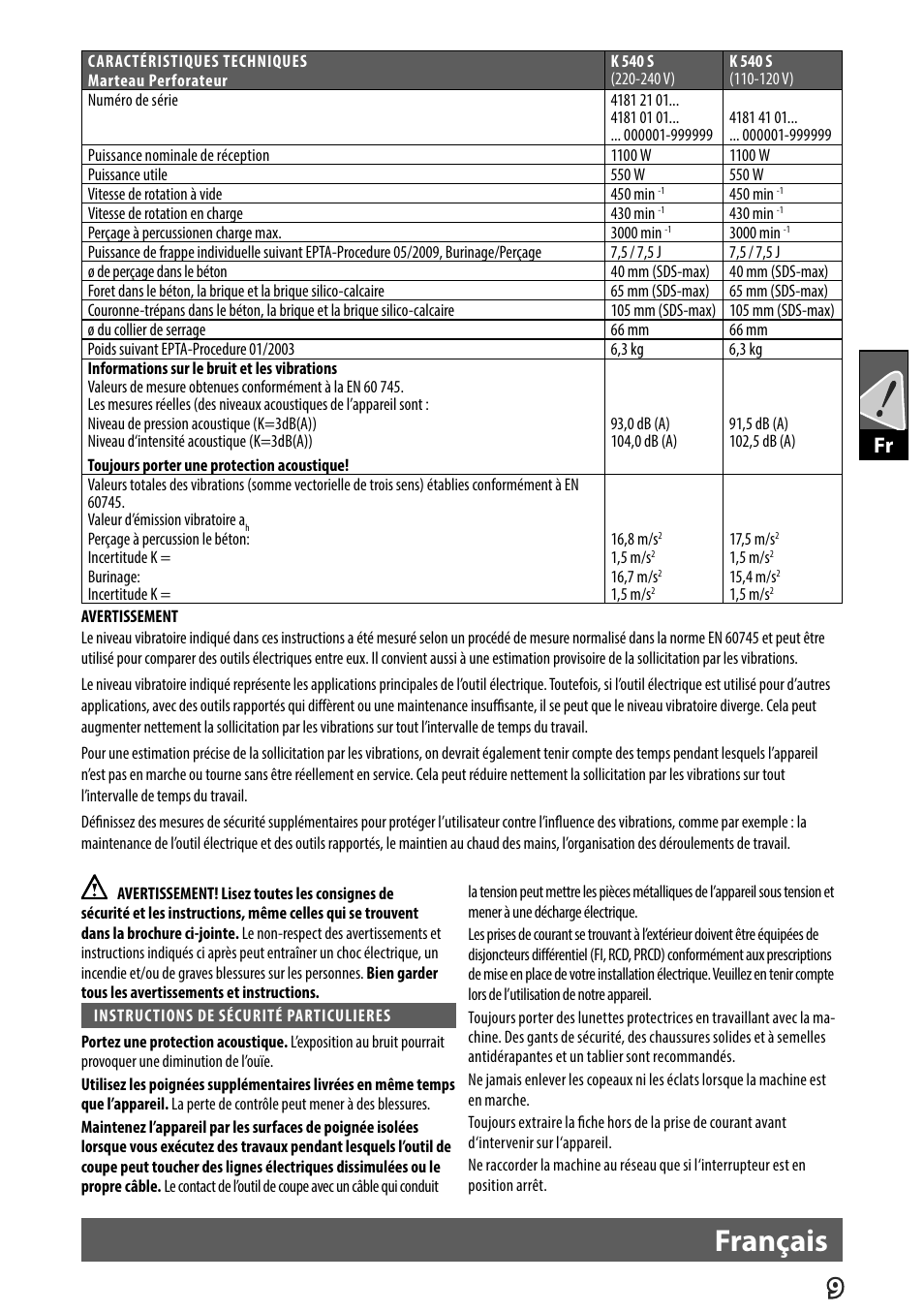 Français | Milwaukee K 540 S User Manual | Page 12 / 62