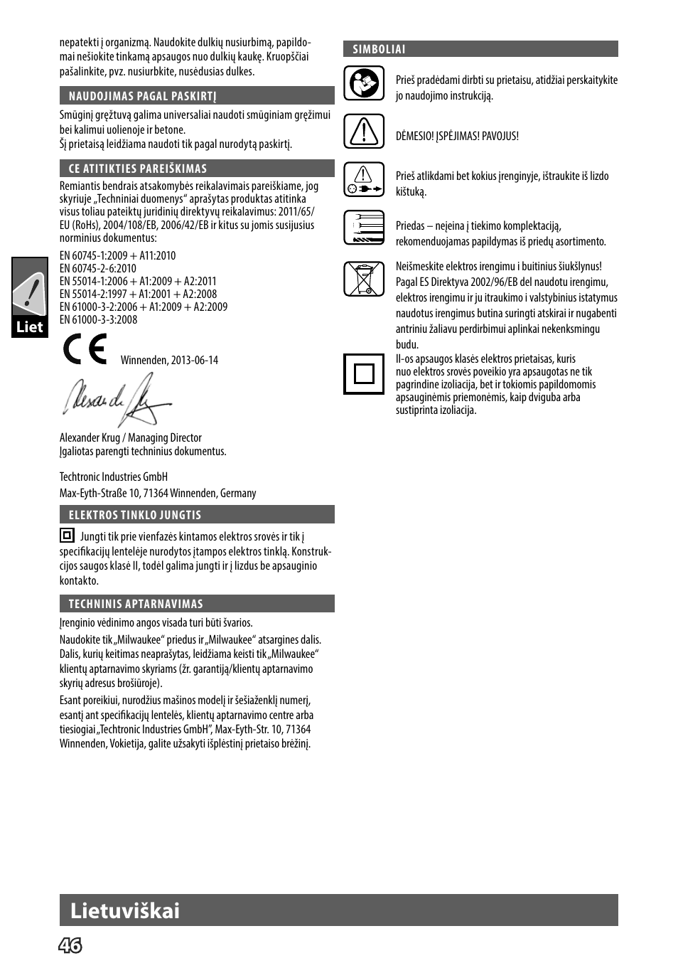 Lietuviškai, Liet | Milwaukee K 540 S User Manual | Page 49 / 62