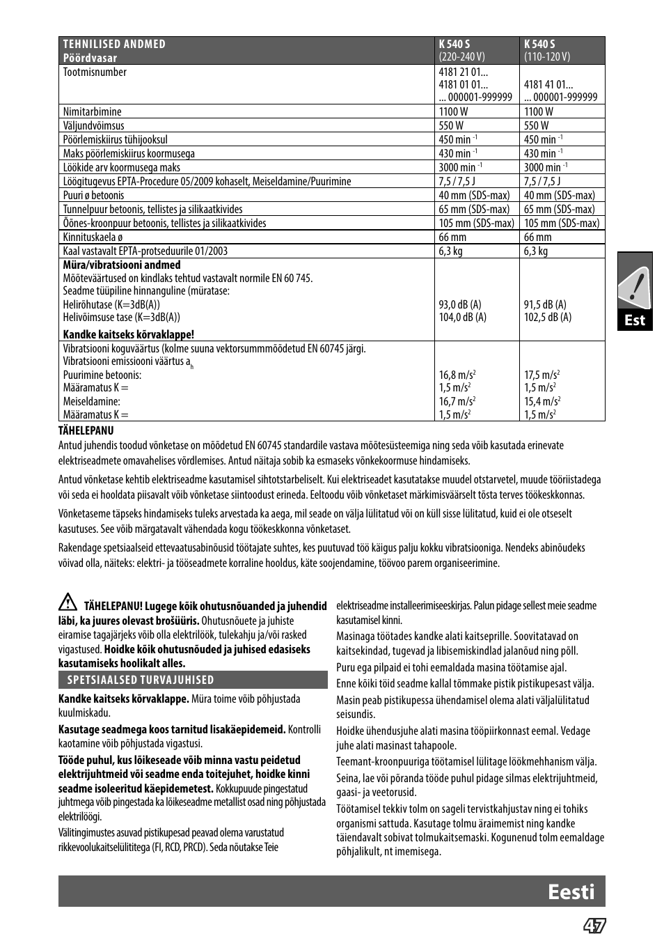 Eesti | Milwaukee K 540 S User Manual | Page 50 / 62