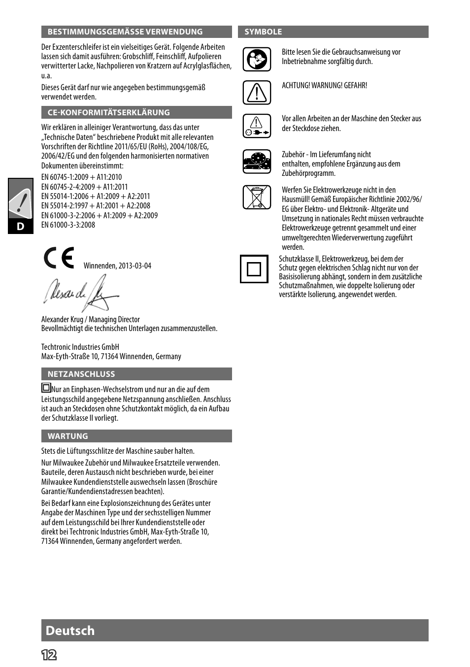 Deutsch | Milwaukee ROS 125 E User Manual | Page 14 / 65