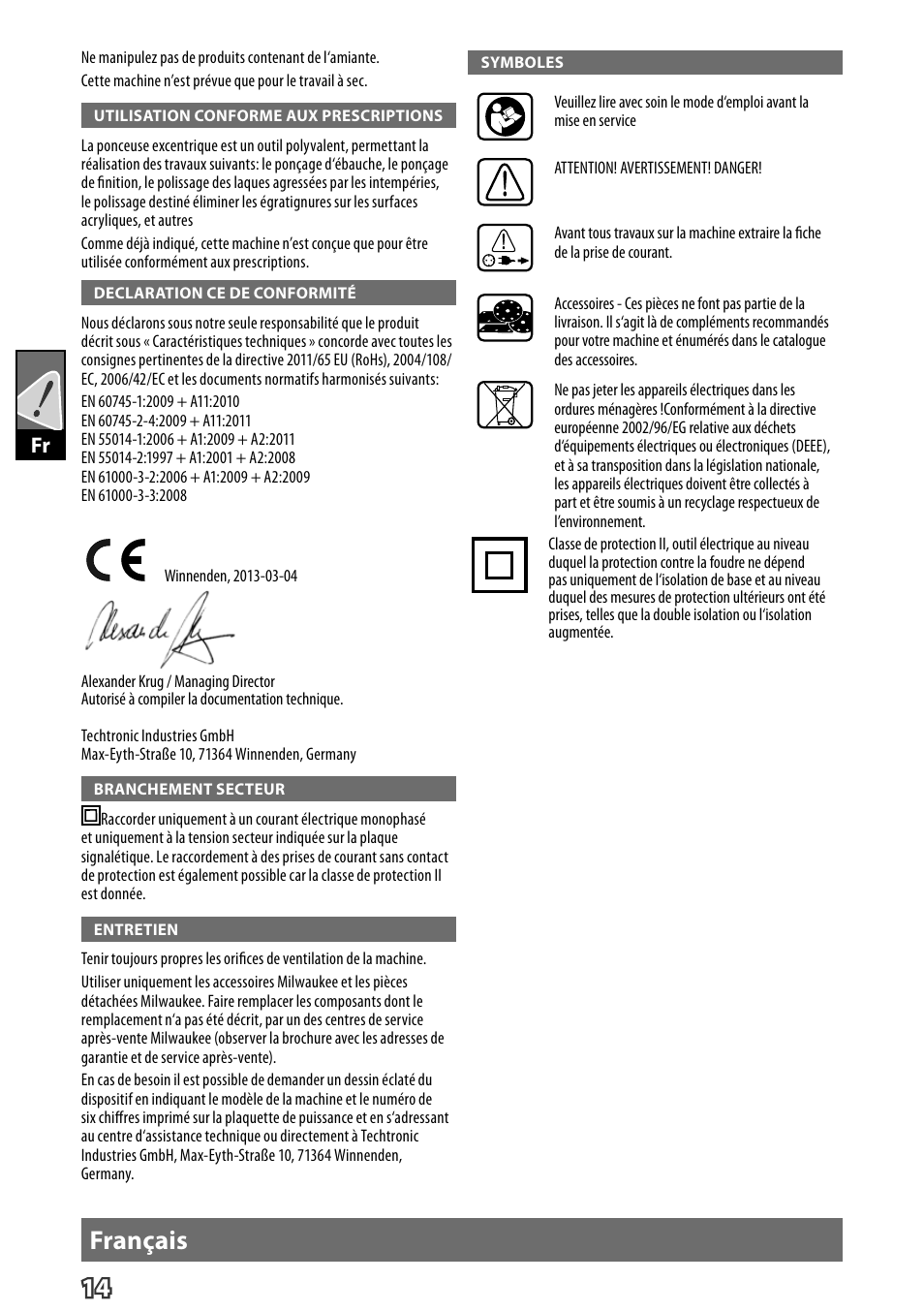 Français | Milwaukee ROS 125 E User Manual | Page 16 / 65