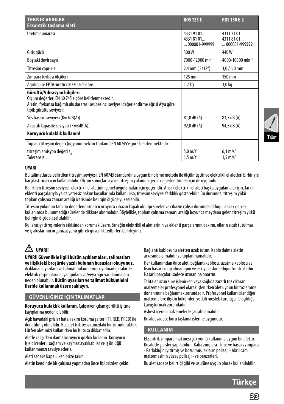 33 türkçe | Milwaukee ROS 125 E User Manual | Page 35 / 65