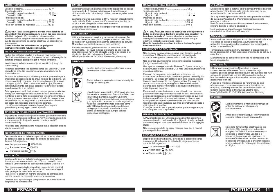 10 11 portugues, Español | Milwaukee C 12 PP User Manual | Page 6 / 19