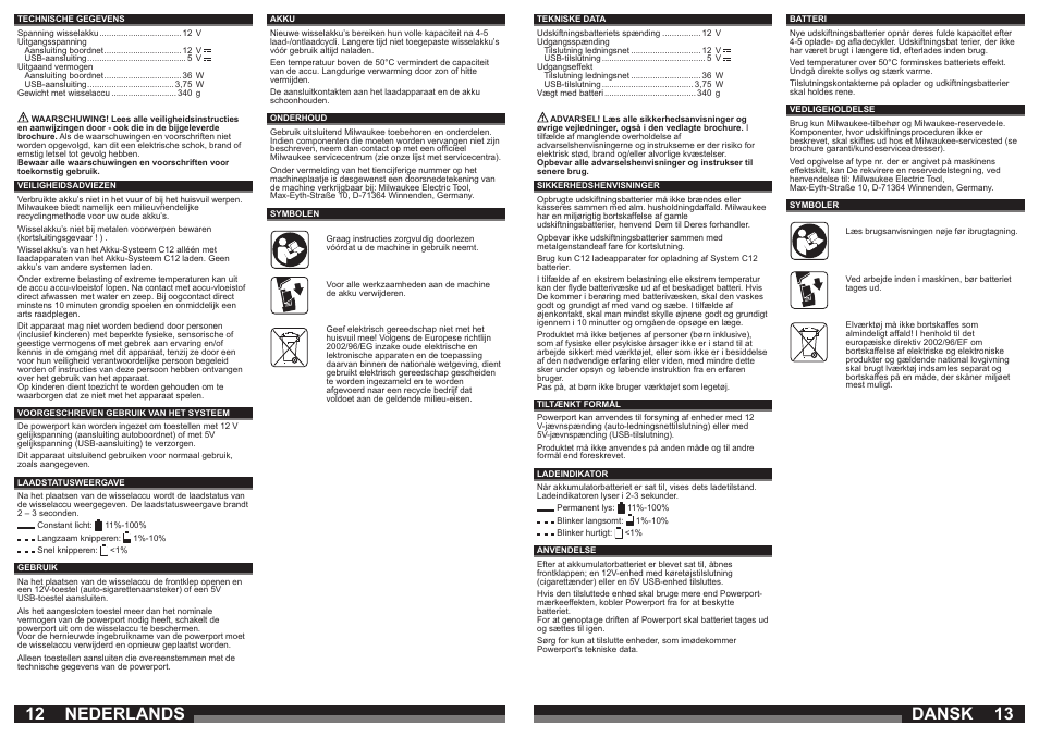 12 13 dansk, Nederlands | Milwaukee C 12 PP User Manual | Page 7 / 19