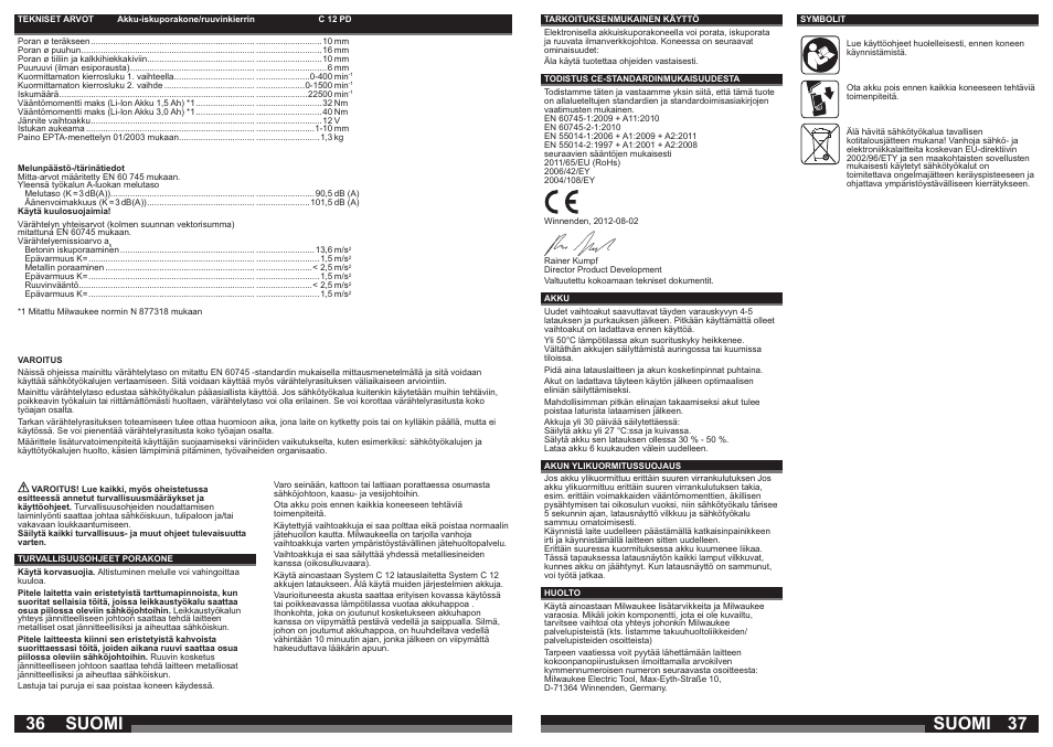 Suomi | Milwaukee C12 PD User Manual | Page 19 / 36