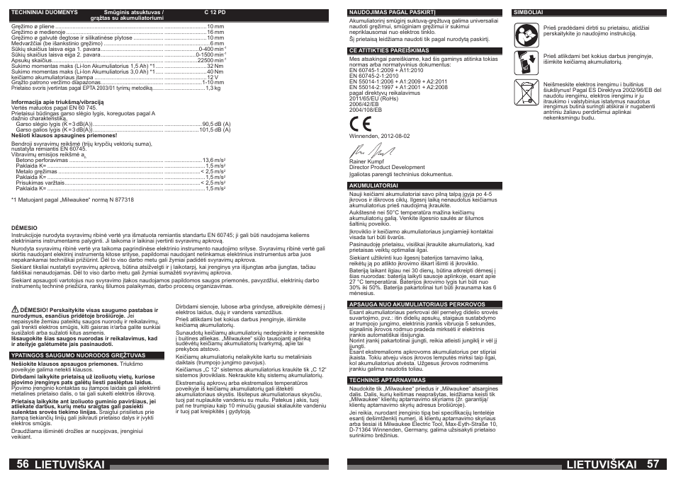 Lietuviškai | Milwaukee C12 PD User Manual | Page 29 / 36