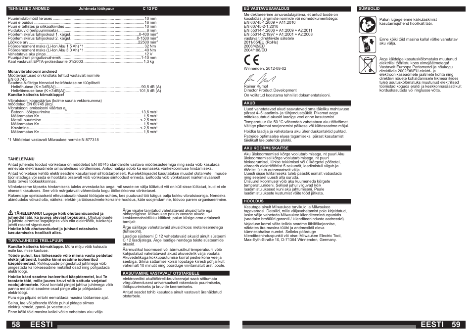 Eesti | Milwaukee C12 PD User Manual | Page 30 / 36