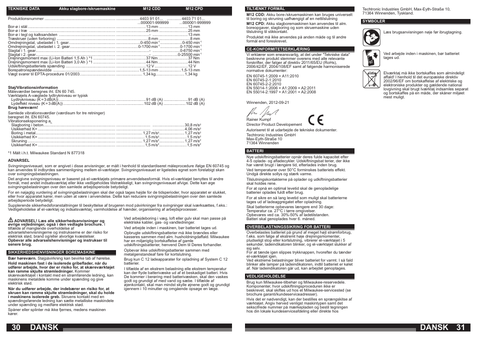 Dansk | Milwaukee M12 CDD User Manual | Page 16 / 37