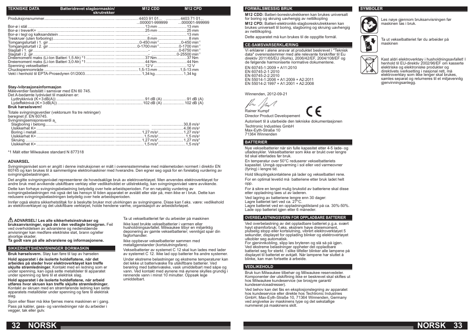 Norsk | Milwaukee M12 CDD User Manual | Page 17 / 37