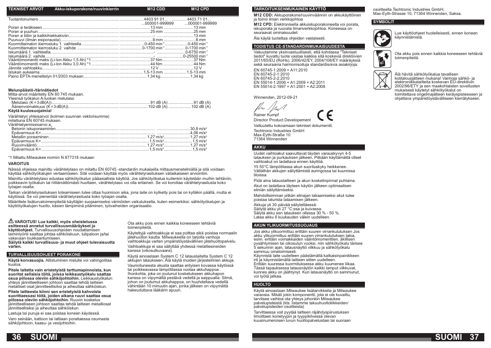 Suomi | Milwaukee M12 CDD User Manual | Page 19 / 37