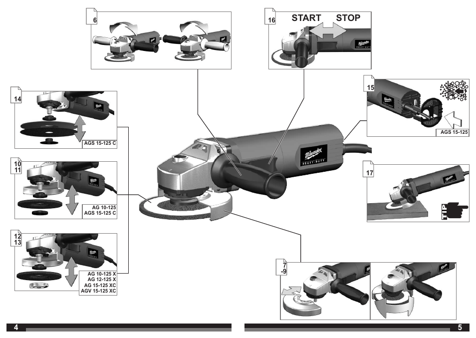 Start stop | Milwaukee AGS 15-125 C User Manual | Page 3 / 31