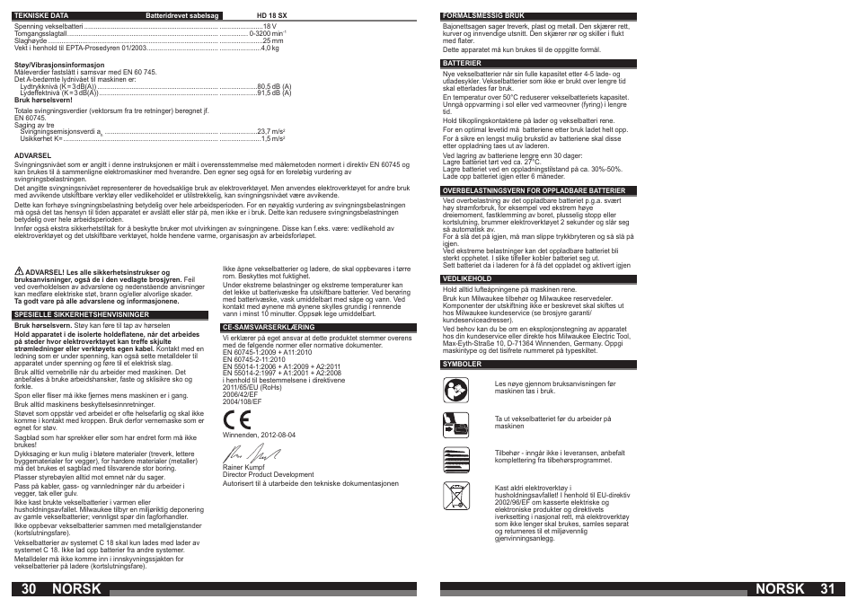 Norsk | Milwaukee HD 18 SX User Manual | Page 16 / 35