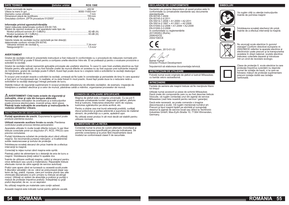 România | Milwaukee ROS 150 E User Manual | Page 28 / 31