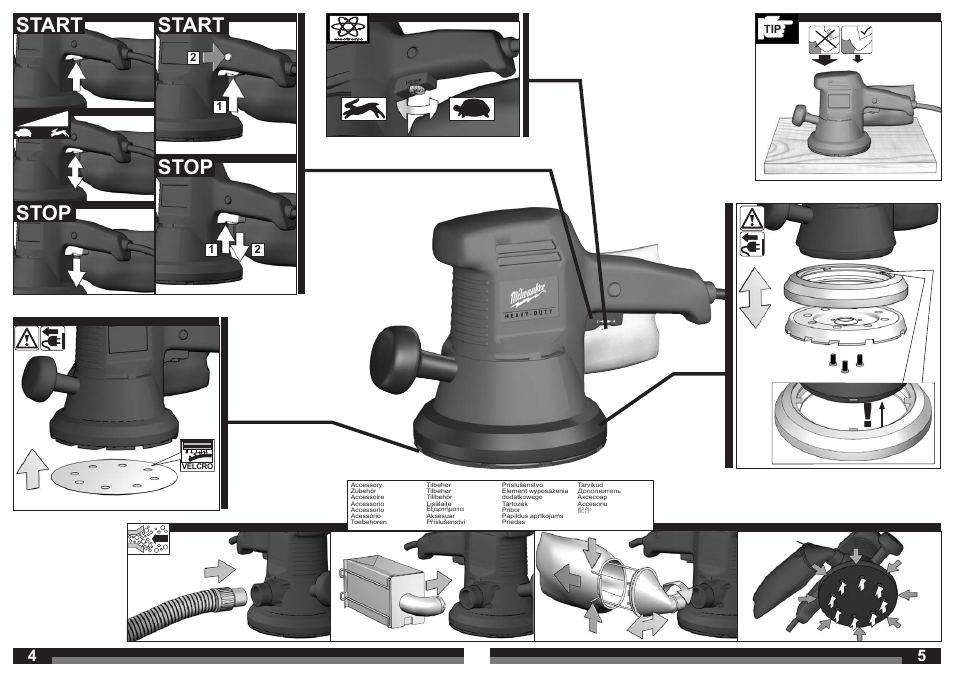Start, Start stop stop | Milwaukee ROS 150 E User Manual | Page 3 / 31