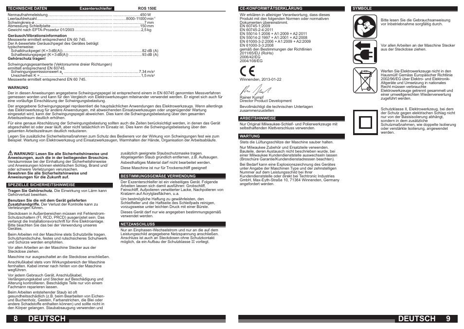 Deutsch | Milwaukee ROS 150 E User Manual | Page 5 / 31