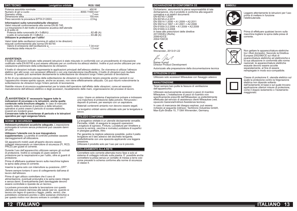 Italiano | Milwaukee ROS 150 E User Manual | Page 7 / 31