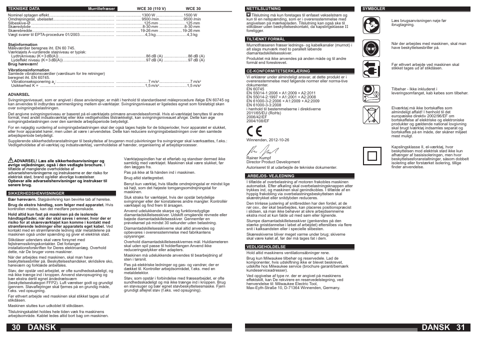 Dansk | Milwaukee WCE 30 User Manual | Page 16 / 37