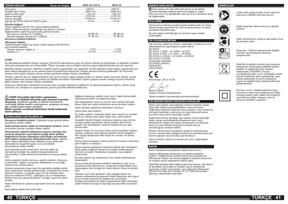 Türkçe | Milwaukee WCE 30 User Manual | Page 21 / 37