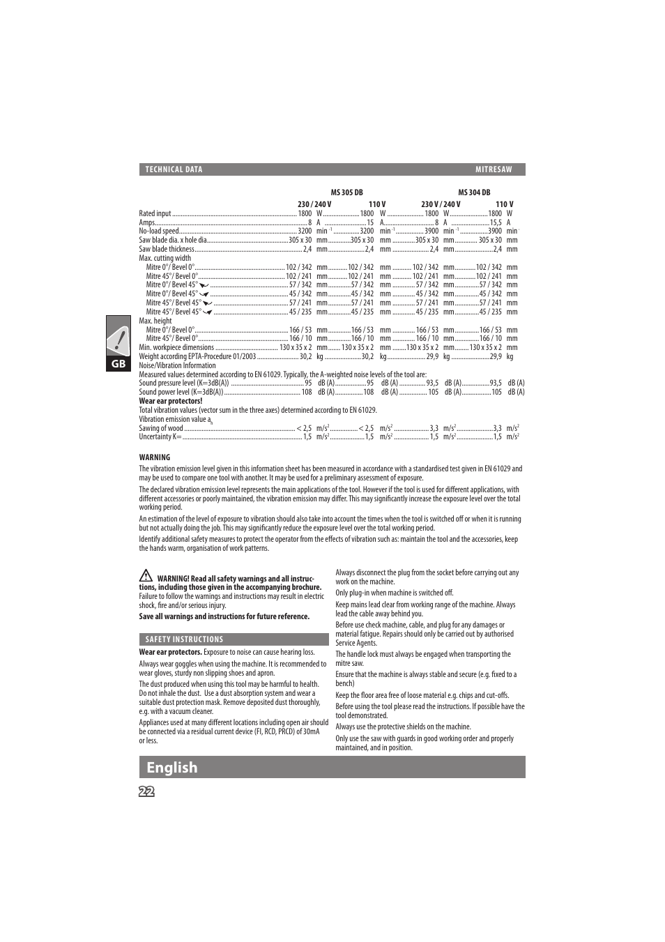 English | Milwaukee MS 304 DB User Manual | Page 25 / 79