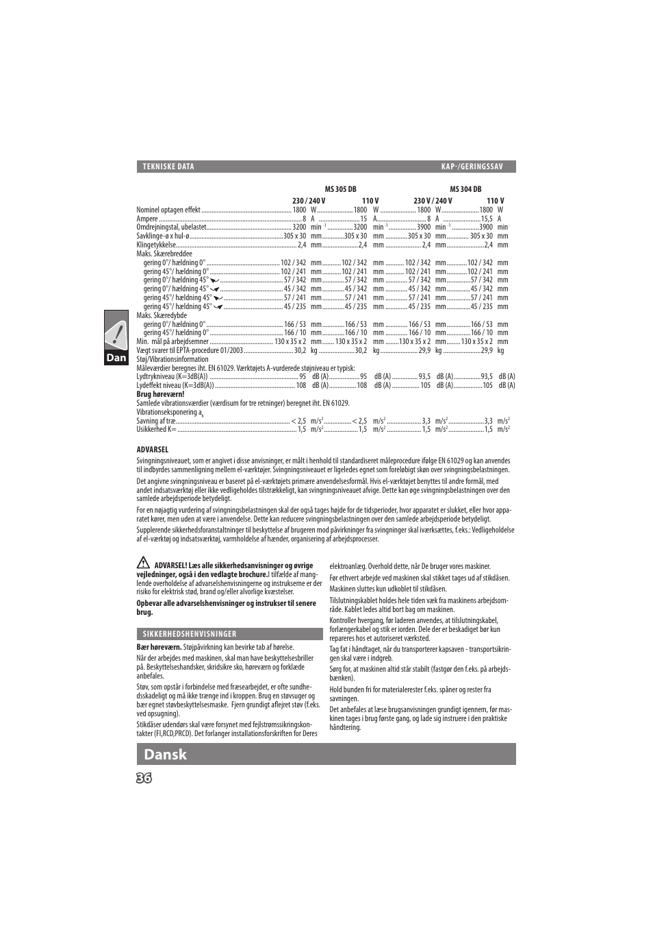 English, Dansk | Milwaukee MS 304 DB User Manual | Page 39 / 79