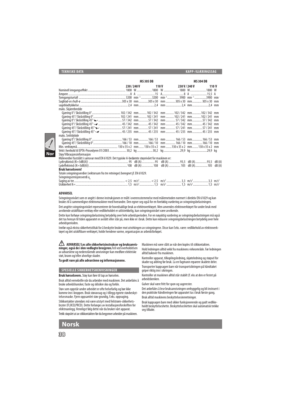 English, Norsk | Milwaukee MS 304 DB User Manual | Page 41 / 79