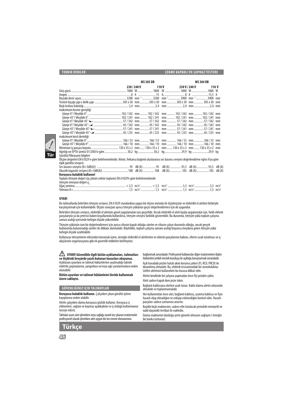 English, Türkçe | Milwaukee MS 304 DB User Manual | Page 49 / 79