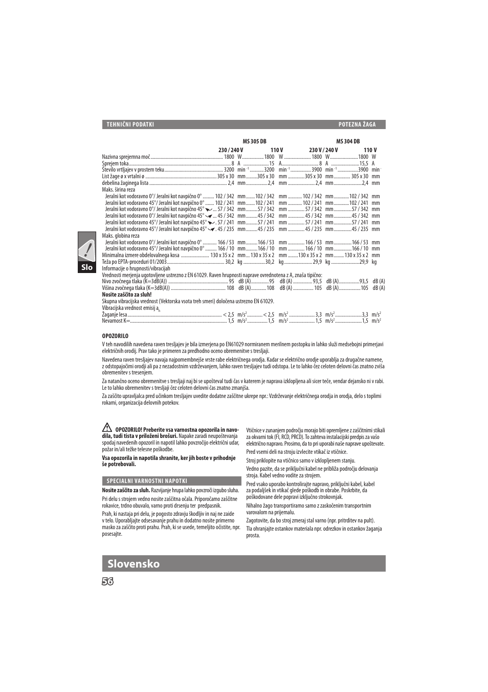 English, Slovensko | Milwaukee MS 304 DB User Manual | Page 59 / 79
