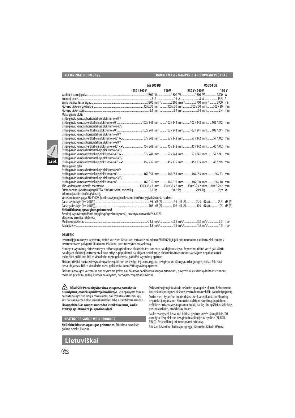 English, Lietuviškai, Liet | Milwaukee MS 304 DB User Manual | Page 65 / 79