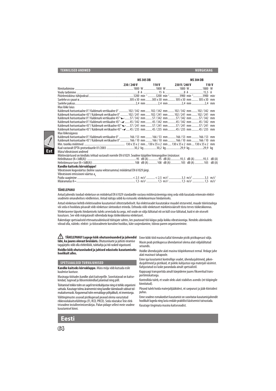 English, Eesti | Milwaukee MS 304 DB User Manual | Page 67 / 79