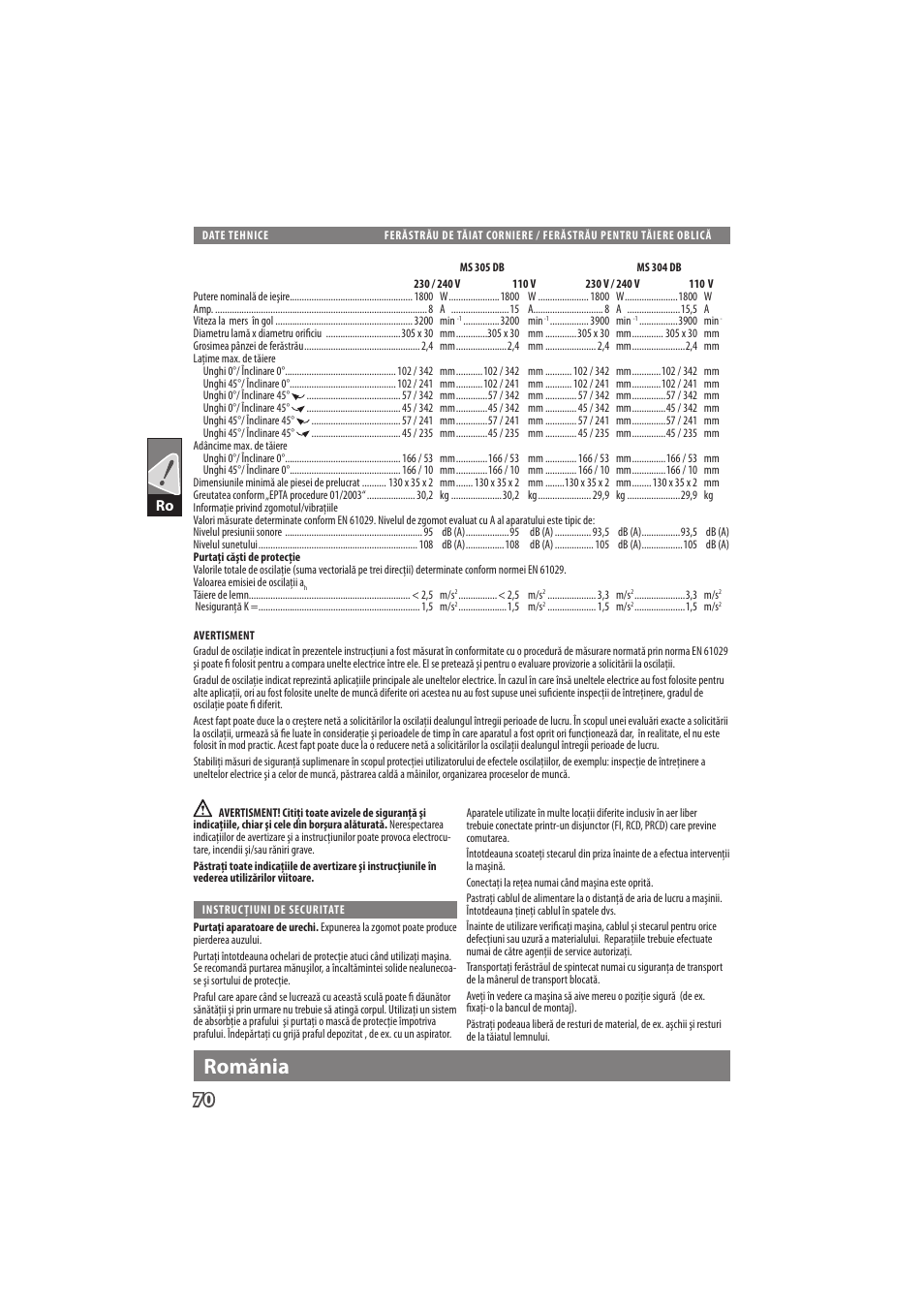 English, Romănia | Milwaukee MS 304 DB User Manual | Page 73 / 79