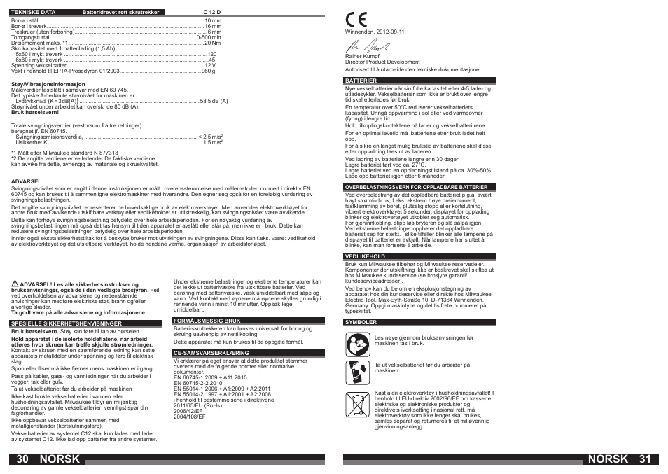 Norsk | Milwaukee C12 PC User Manual | Page 16 / 35