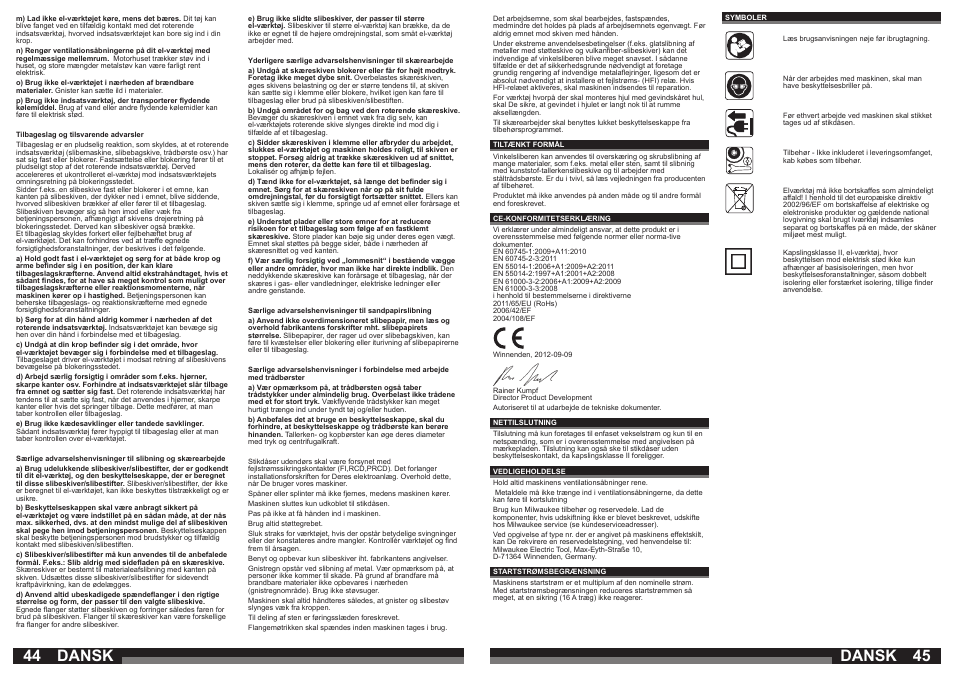 44 45 dansk, Dansk | Milwaukee AGV21-230 GEX User Manual | Page 23 / 54