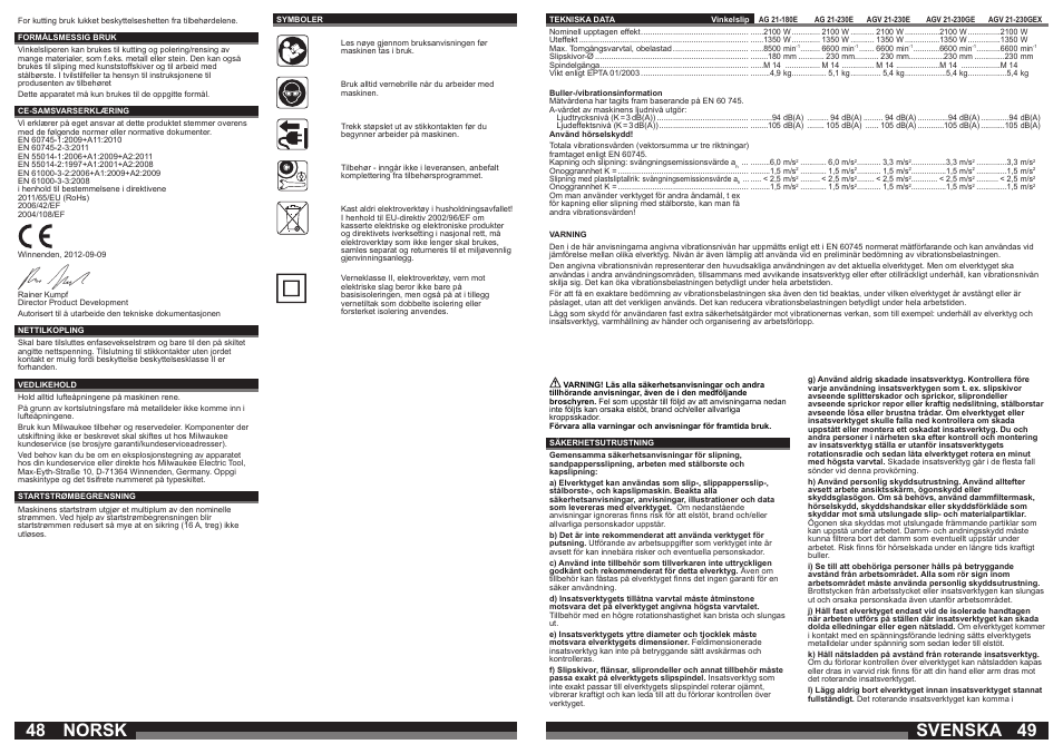 Norsk, Svenska | Milwaukee AGV21-230 GEX User Manual | Page 25 / 54
