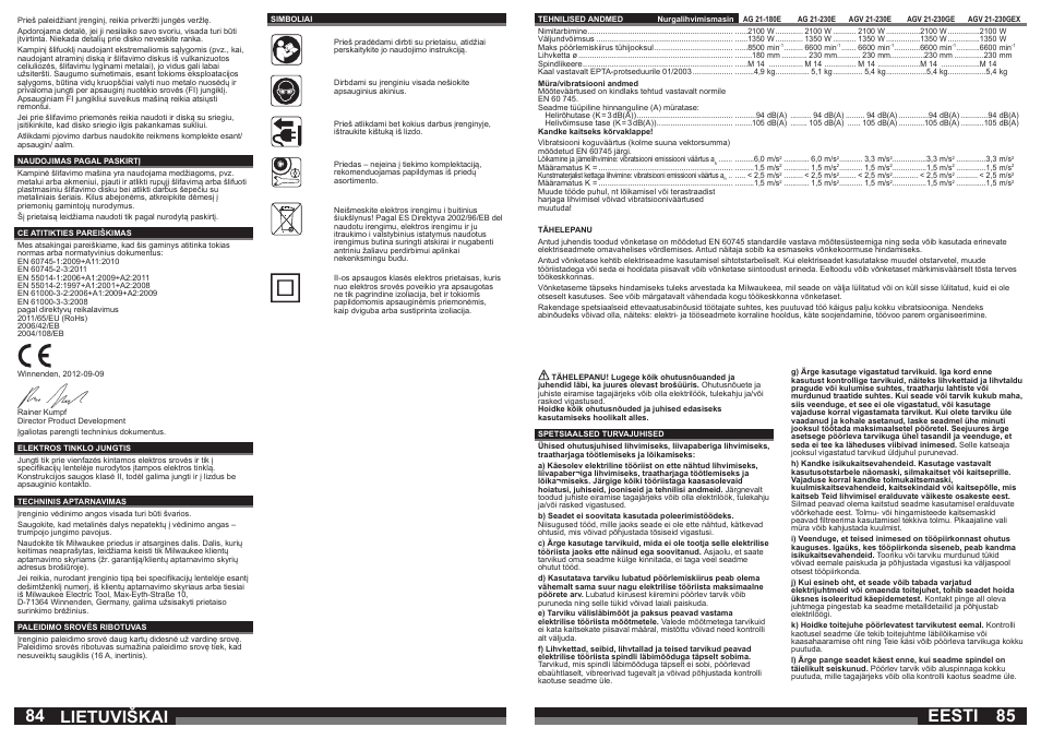 Lietuviškai, Eesti | Milwaukee AGV21-230 GEX User Manual | Page 43 / 54