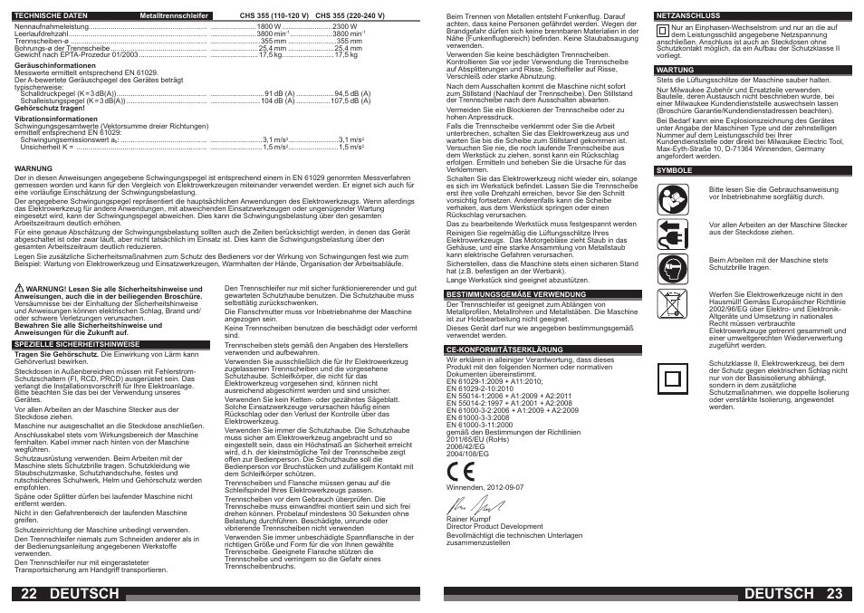 Deutsch | Milwaukee CHS 355 User Manual | Page 12 / 38