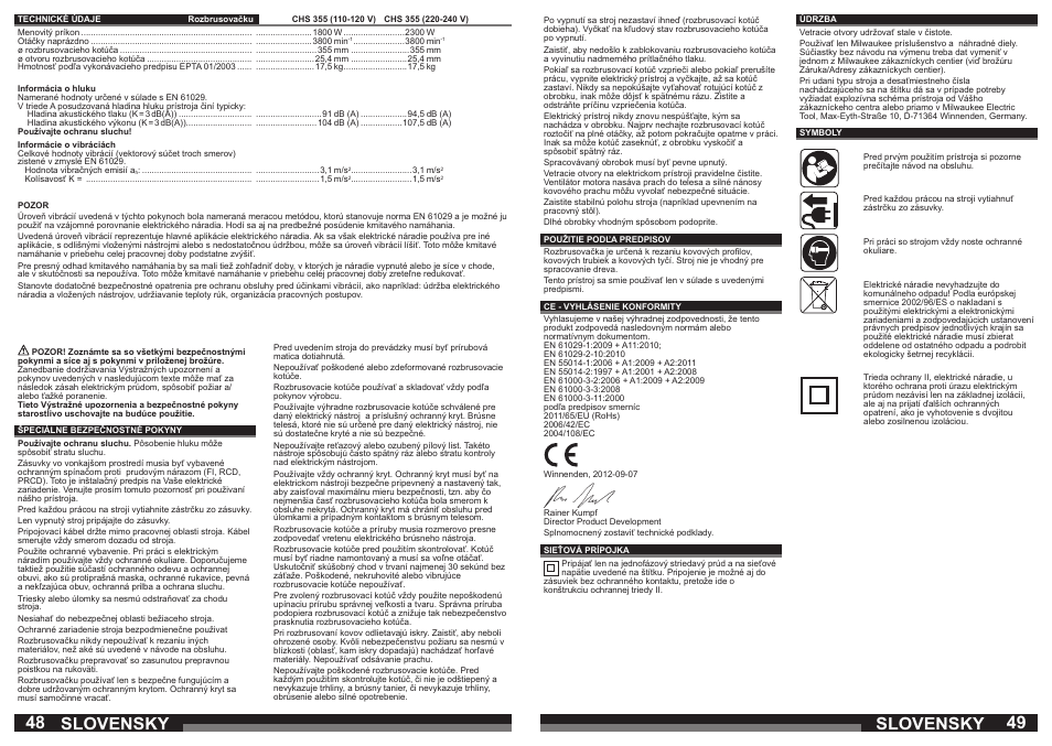 Slovensky | Milwaukee CHS 355 User Manual | Page 25 / 38