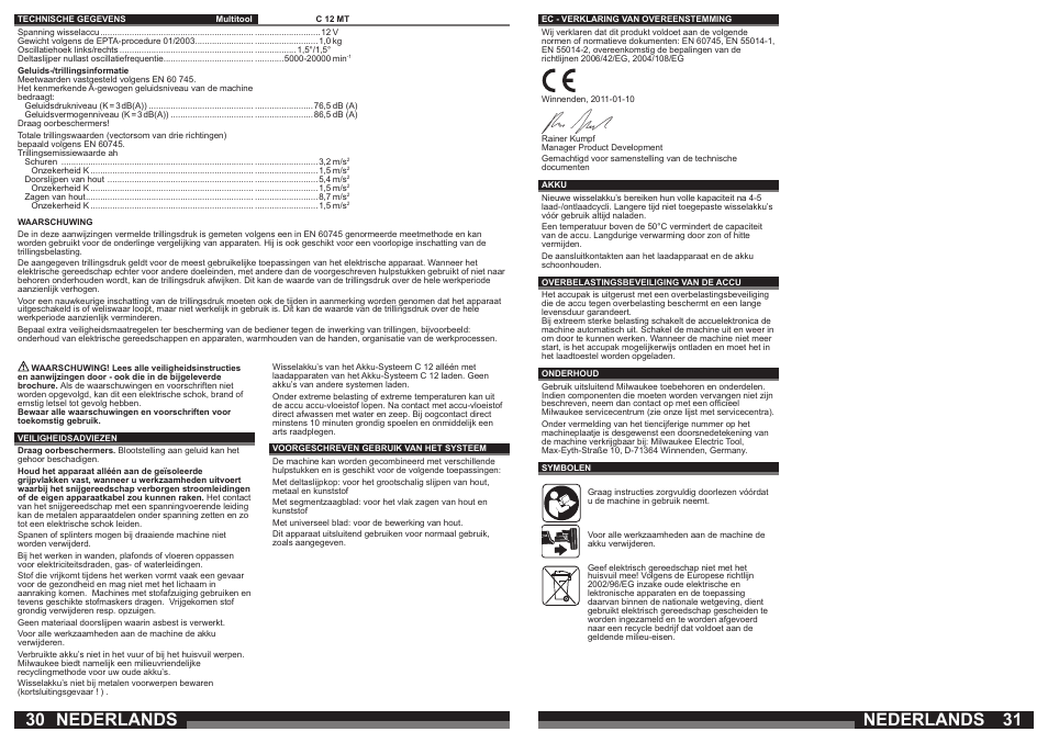 Nederlands | Milwaukee C12 MT User Manual | Page 16 / 37