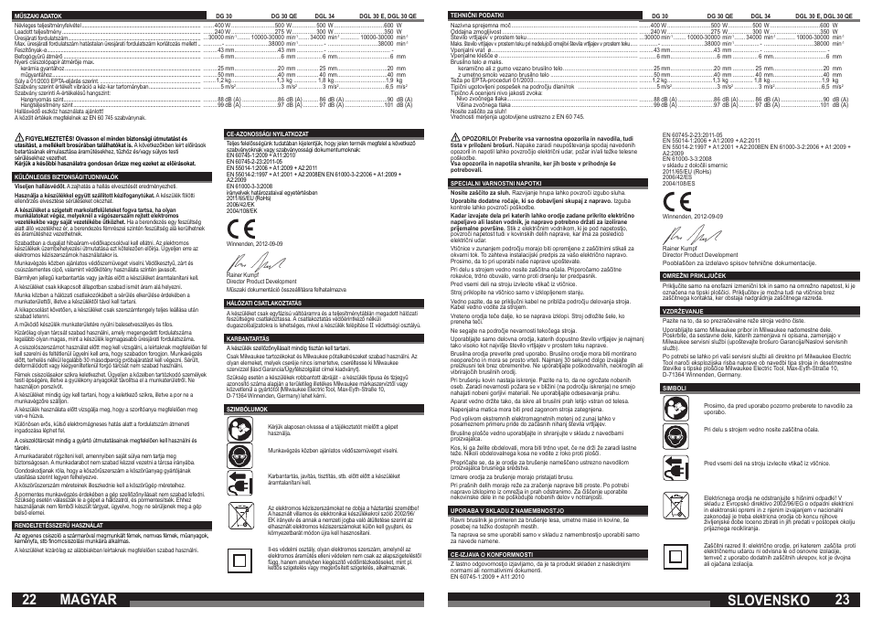 Magyar, Slovensko | Milwaukee DGL 30 QE User Manual | Page 12 / 19