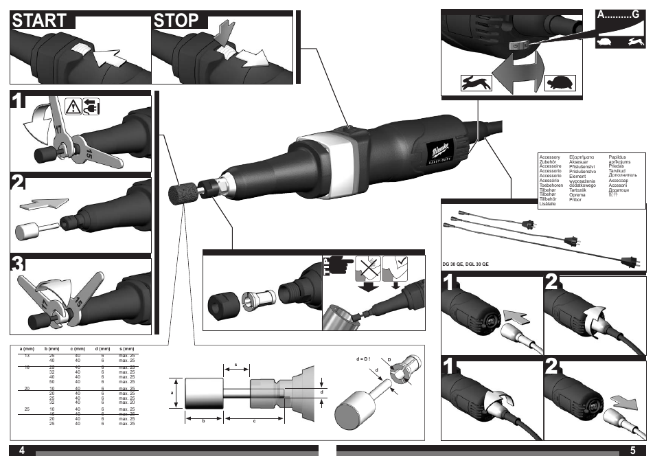 Start stop, A..........g | Milwaukee DGL 30 QE User Manual | Page 3 / 19