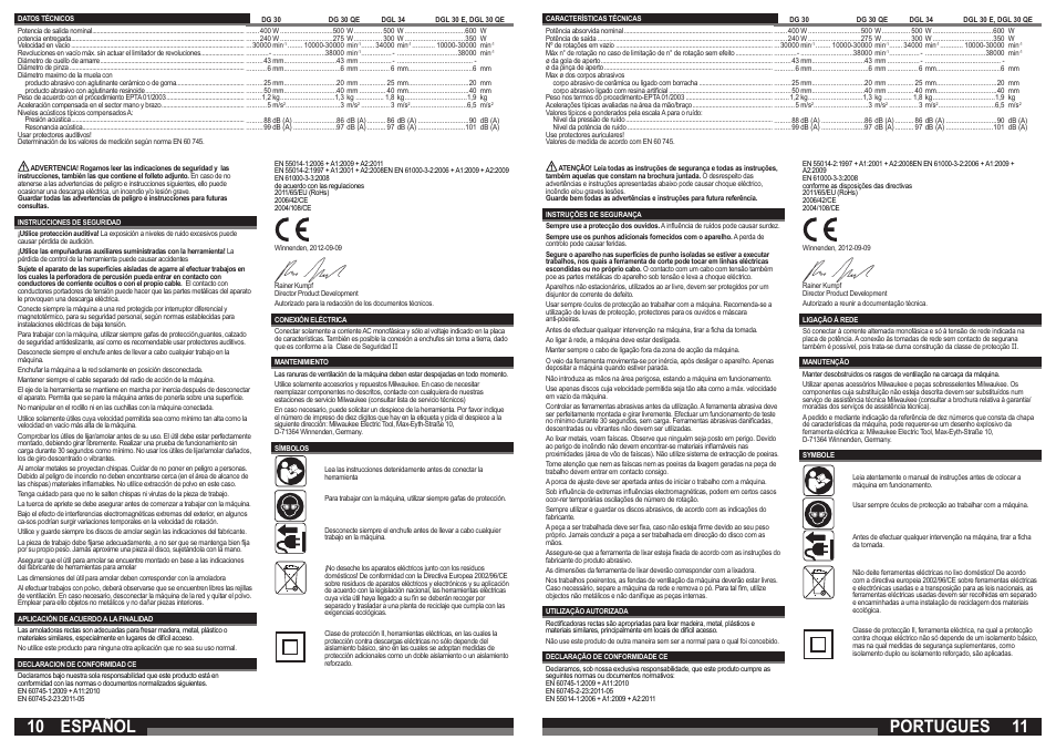 Español, Portugues | Milwaukee DGL 30 QE User Manual | Page 6 / 19