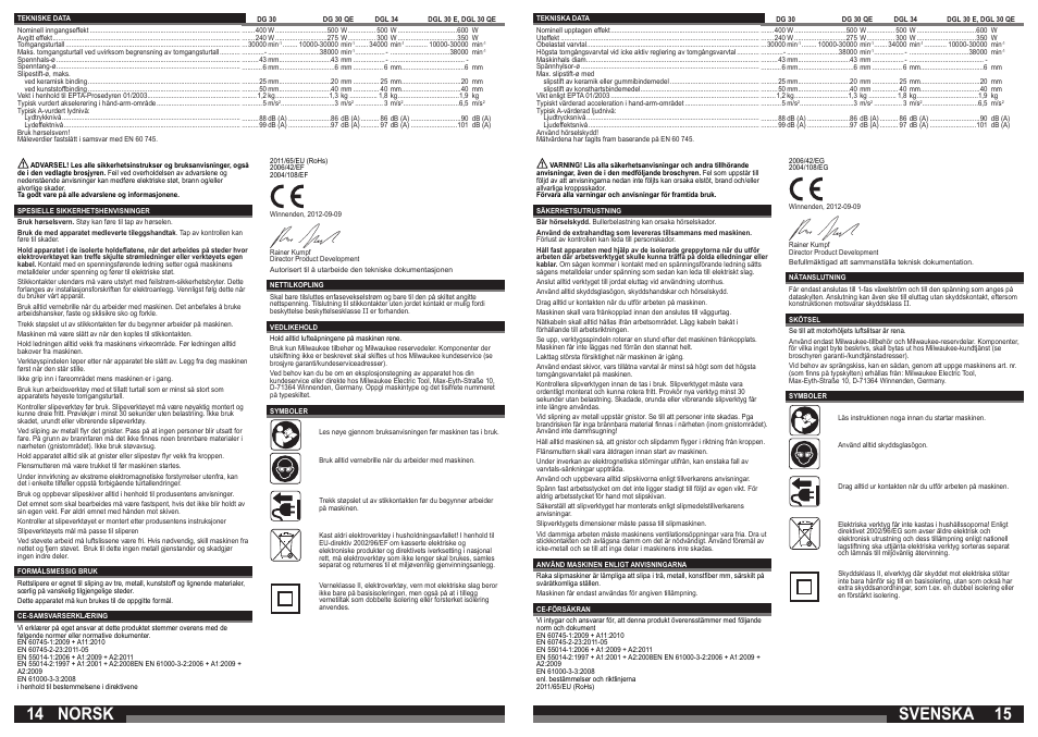 Norsk, Svenska | Milwaukee DGL 30 QE User Manual | Page 8 / 19