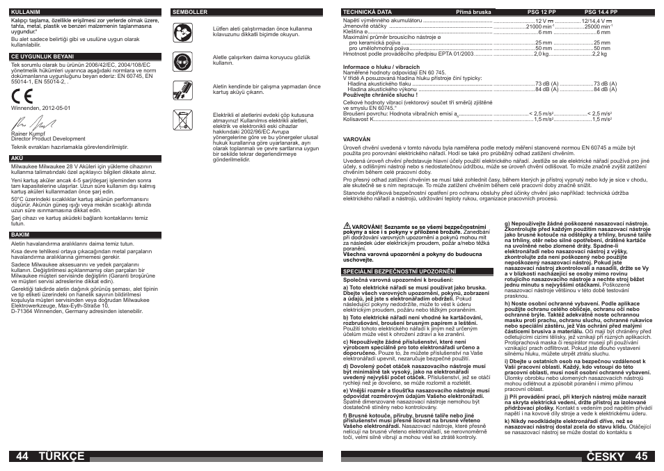 Türkçe, Česky | Milwaukee PSG14.4 POWER PLUS User Manual | Page 23 / 46