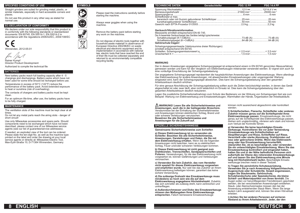 English, Deutsch | Milwaukee PSG14.4 POWER PLUS User Manual | Page 5 / 46